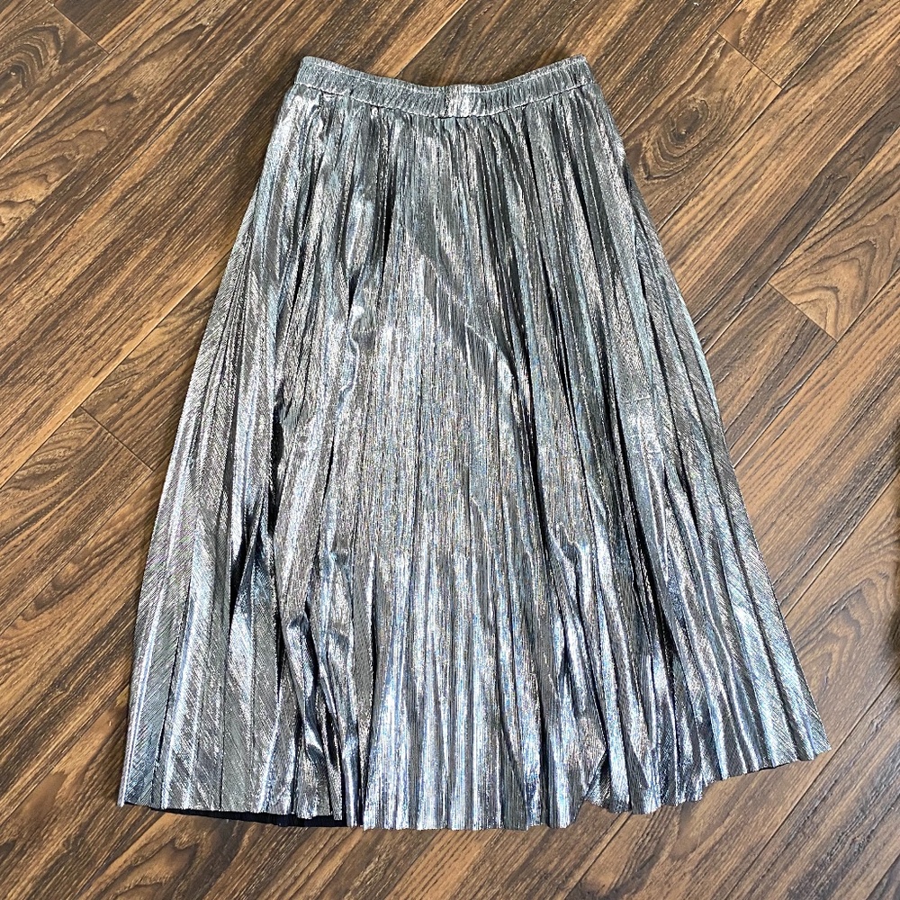 Silver Metallic Pleated Midi Skirt